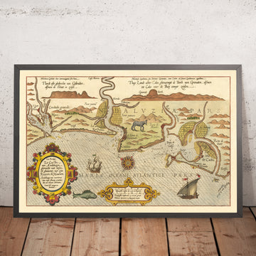 Antica mappa navale di Cadice di Waghenaer, 1583: Stretto di Gibilterra, Cadice, Lisbona, mostri marini, navi a vela 