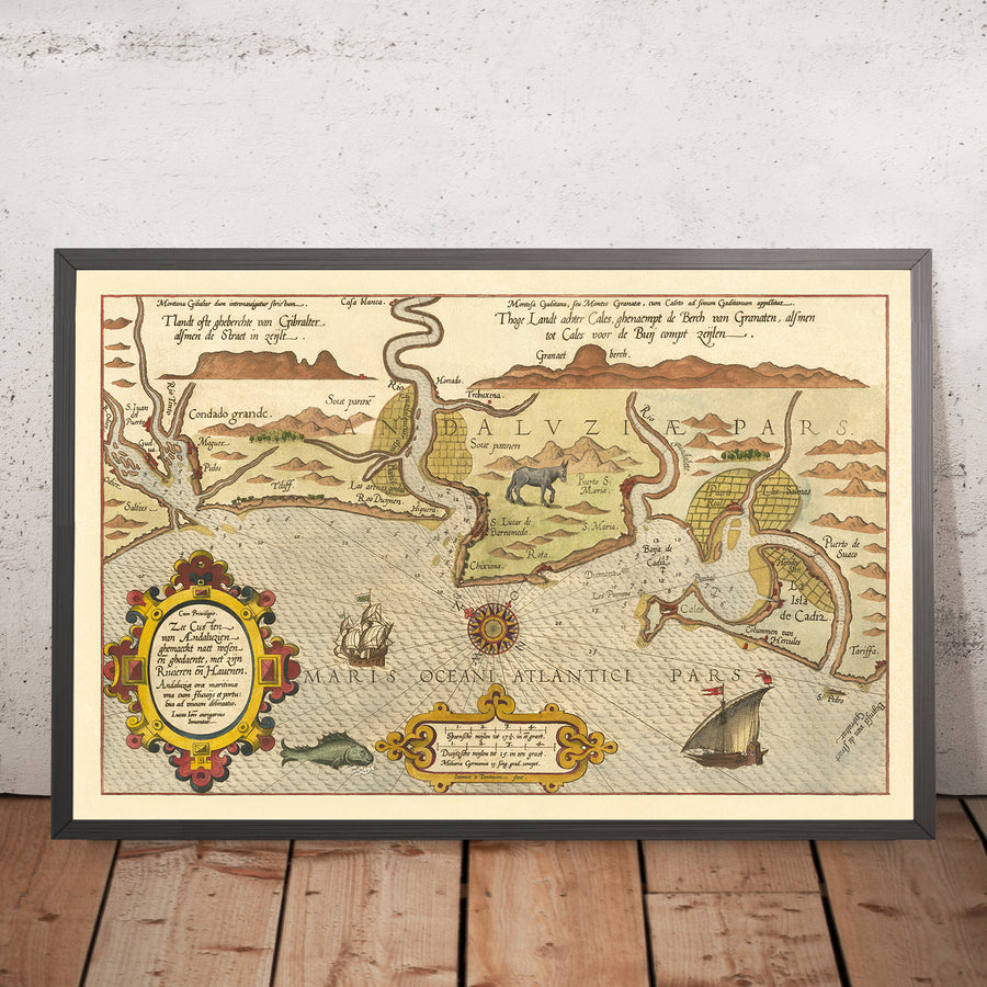 Antica mappa navale di Cadice di Waghenaer, 1583: Stretto di Gibilterra, Cadice, Lisbona, mostri marini, navi a vela 