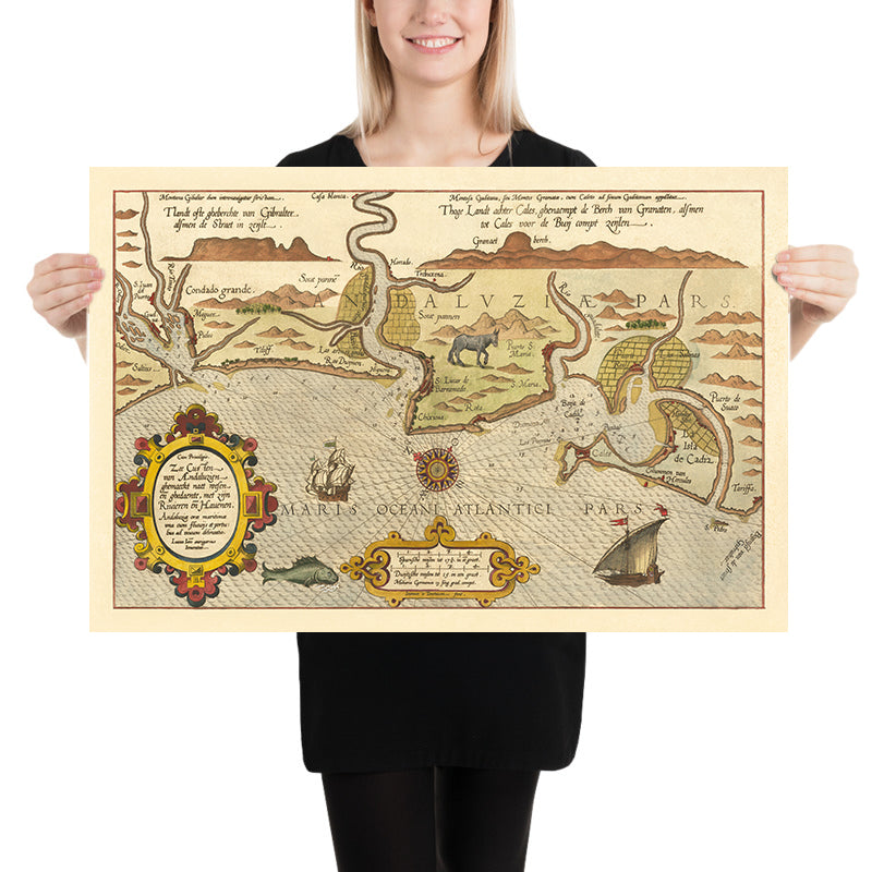 Antica mappa navale di Cadice di Waghenaer, 1583: Stretto di Gibilterra, Cadice, Lisbona, mostri marini, navi a vela 