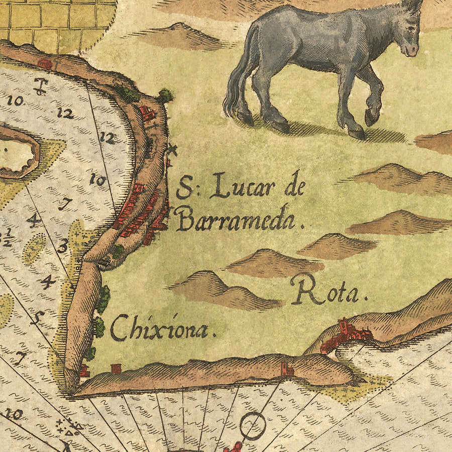 Antica mappa navale di Cadice di Waghenaer, 1583: Stretto di Gibilterra, Cadice, Lisbona, mostri marini, navi a vela 