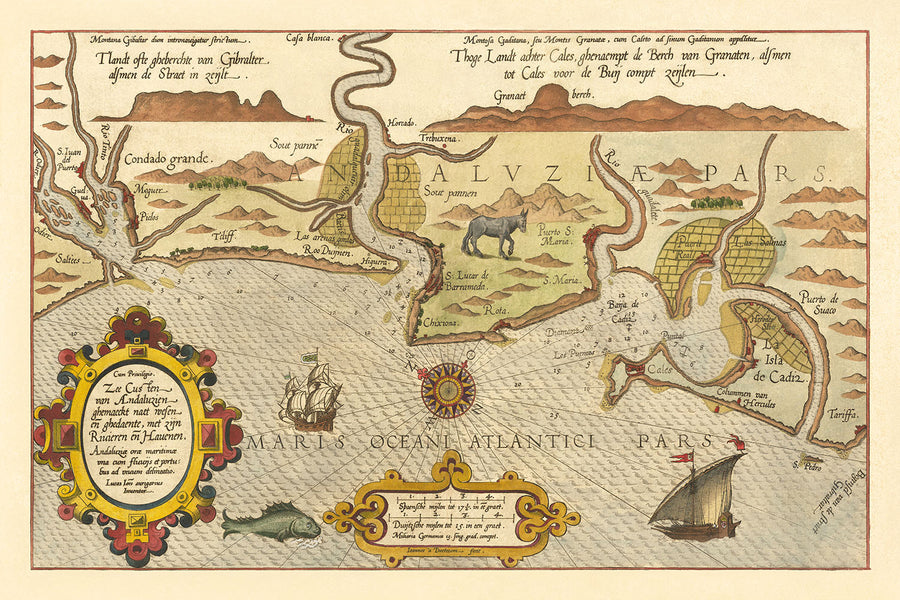 Antica mappa navale di Cadice di Waghenaer, 1583: Stretto di Gibilterra, Cadice, Lisbona, mostri marini, navi a vela 