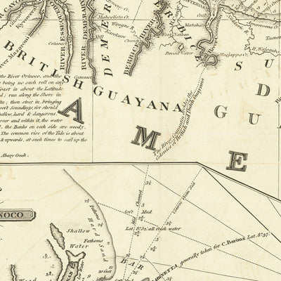 Alte Seekarte der Küste von Guyana von Heather, 1828: Demerary, Surinam, Cayenne