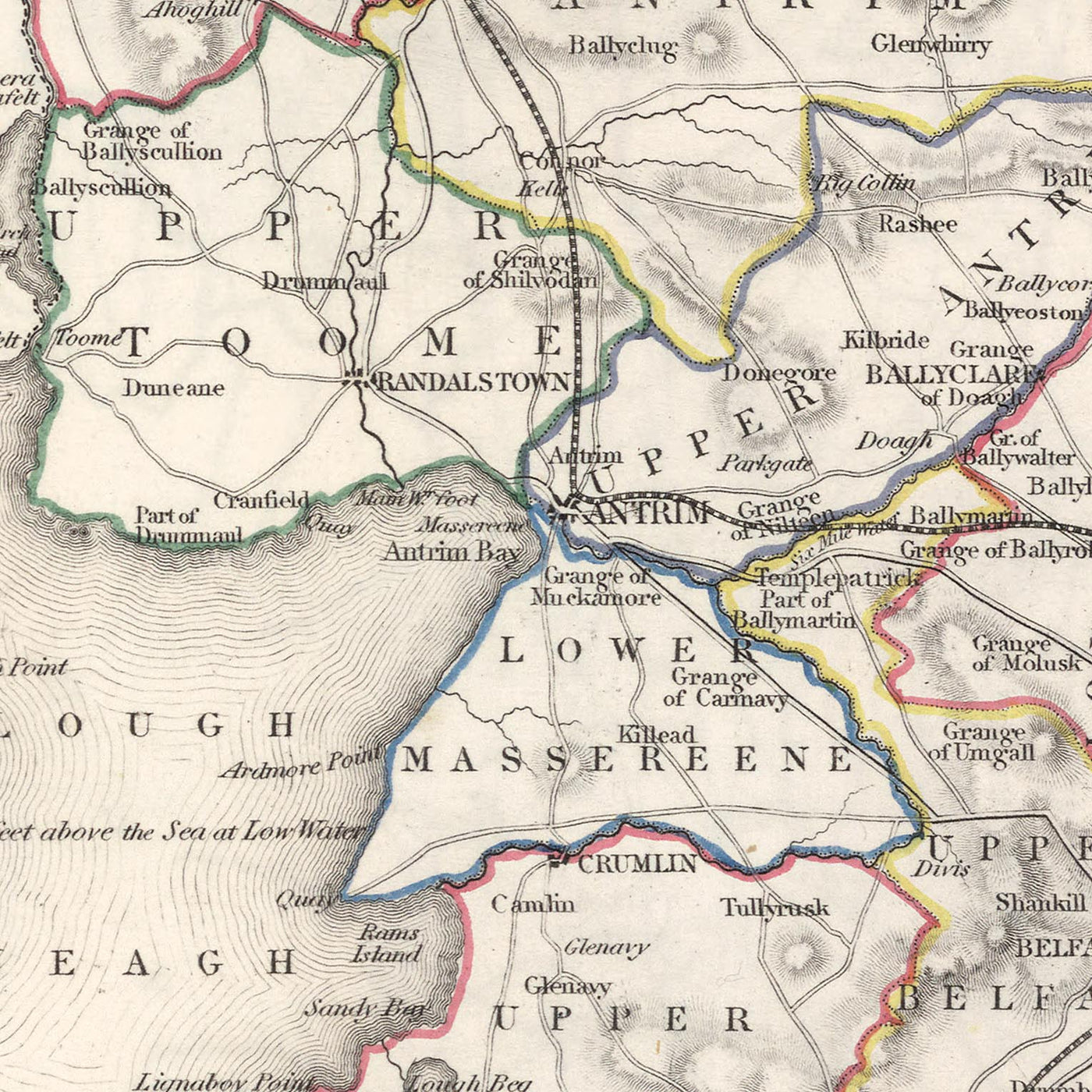 Alte Karte des County Antrim von Samuel Lewis, 1844: Belfast, Lisburn, Carrickfergus, Ballymena, Giant's Causeway 
