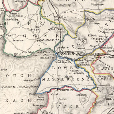 Alte Karte des County Antrim von Samuel Lewis, 1844: Belfast, Lisburn, Carrickfergus, Ballymena, Giant's Causeway 