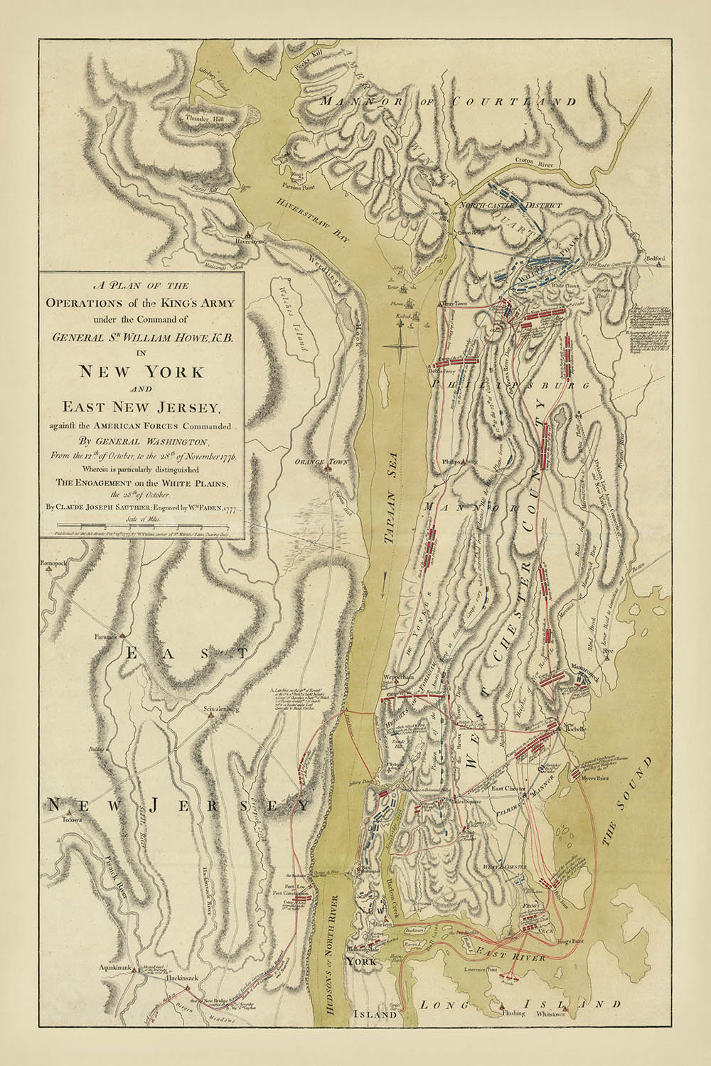 Old Battle of White Plains Map by Faden, 1777: George Washington, New York, American Revolution