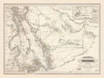 Ancienne carte rare de la péninsule arabique par Perthes, 1835 : Dubaï, Abu Dhabi, La Mecque, le Nil, la mer Rouge