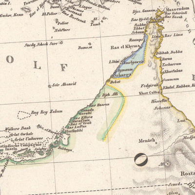 Ancienne carte rare de la péninsule arabique par Perthes, 1835 : Première carte de Dubaï, du Koweït, d'Abou Dabi ; La Mecque, mer Rouge 