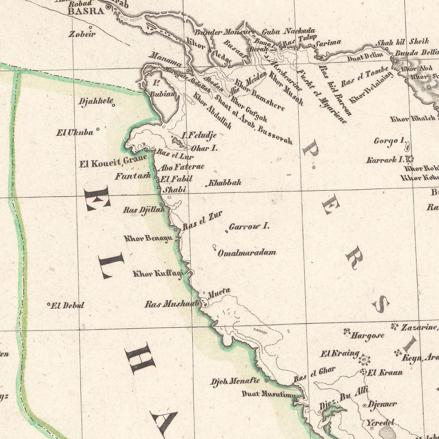 Ancienne carte rare de la péninsule arabique par Perthes, 1835 : Première carte de Dubaï, du Koweït, d'Abou Dabi ; La Mecque, mer Rouge 