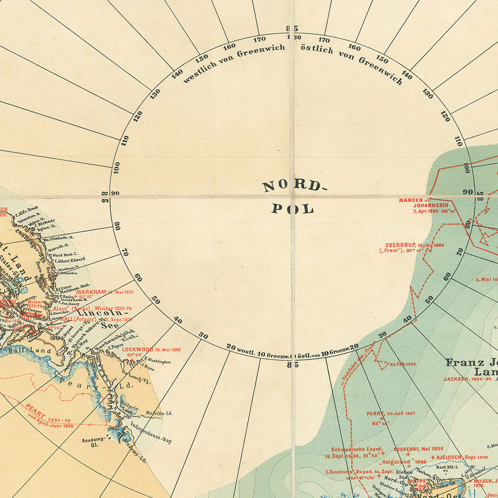 Mapa antiguo de la exploración del Ártico de Haardt, 1898: Frobisher, Hudson, Franklin, Nansen, Andrée