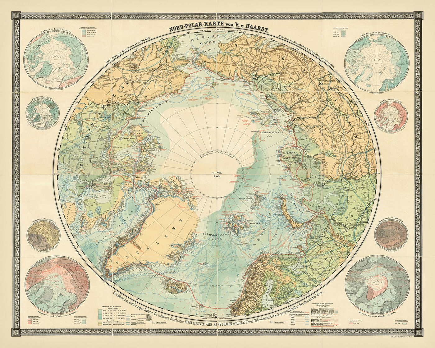 Alte Karte der Arktisforschung von Haardt, 1898: Frobisher, Hudson, Franklin, Nansen, Andrée