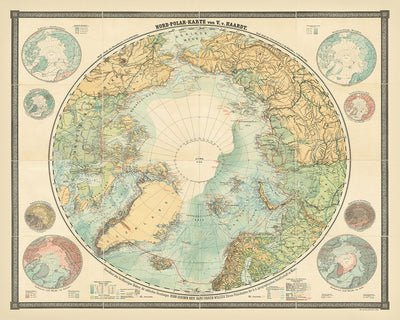 Mapa antiguo de la exploración del Ártico de Haardt, 1898: Frobisher, Hudson, Franklin, Nansen, Andrée