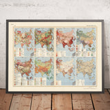 Old Infographic Map of Asia, 1967: Geology, Population Density, Communications, Ethnography, Agriculture
