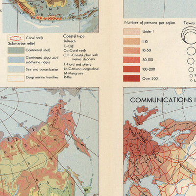 Mapa infográfico de Asia realizado por el Servicio de Topografía del Ejército Polaco, 1967: Geología, Densidad de Población, Comunicaciones