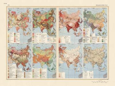 Mapa infográfico de Asia realizado por el Servicio de Topografía del Ejército Polaco, 1967: Geología, Densidad de Población, Comunicaciones