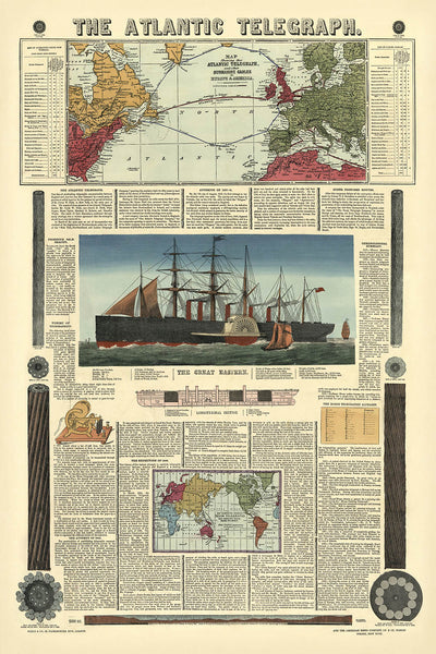 Old Map of The Atlantic Telegraph by Bacon & Co., 1865: Great Eastern Steamship, UK, Newfoundland, Cable Routes