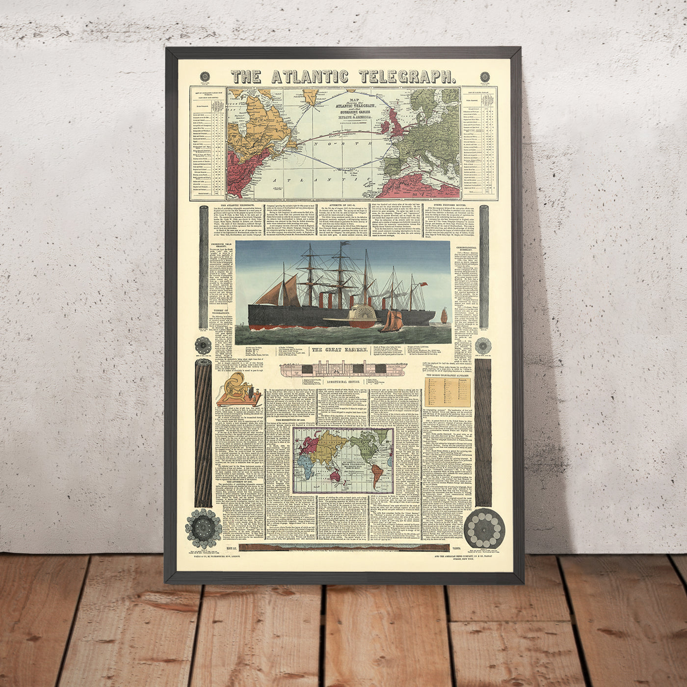 Mapa antiguo del Atlantic Telegraph de Bacon & Co., 1865: Great Eastern, Reino Unido, Terranova, rutas de cable