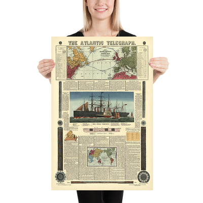 Mapa antiguo del Atlantic Telegraph de Bacon & Co., 1865: Great Eastern, Reino Unido, Terranova, rutas de cable