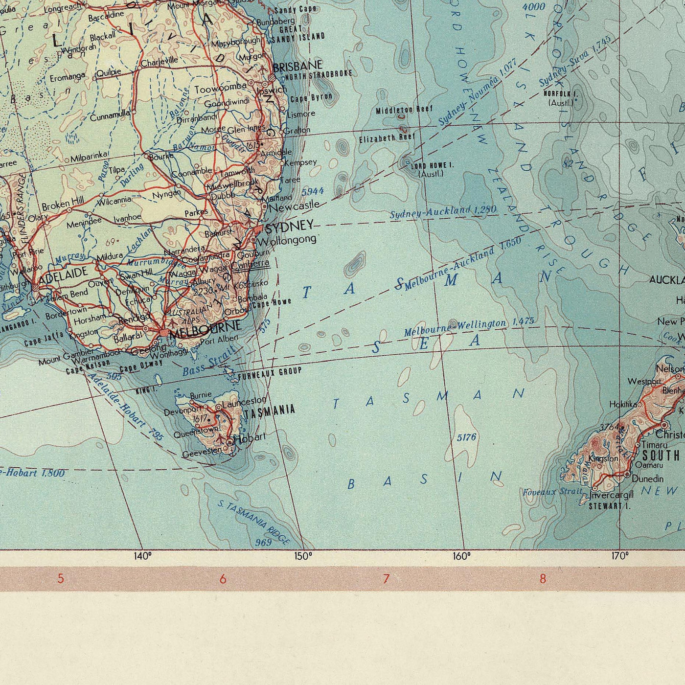 Mapa antiguo de Australia y Oceanía, 1967: Nueva Zelanda, Borneo, Polinesia, Micronesia, Hawái, Islas del Pacífico 