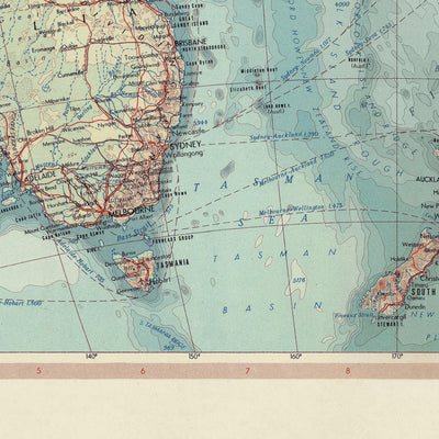 Mapa antiguo de Australia y Oceanía, 1967: Nueva Zelanda, Borneo, Polinesia, Micronesia, Hawái, Islas del Pacífico 