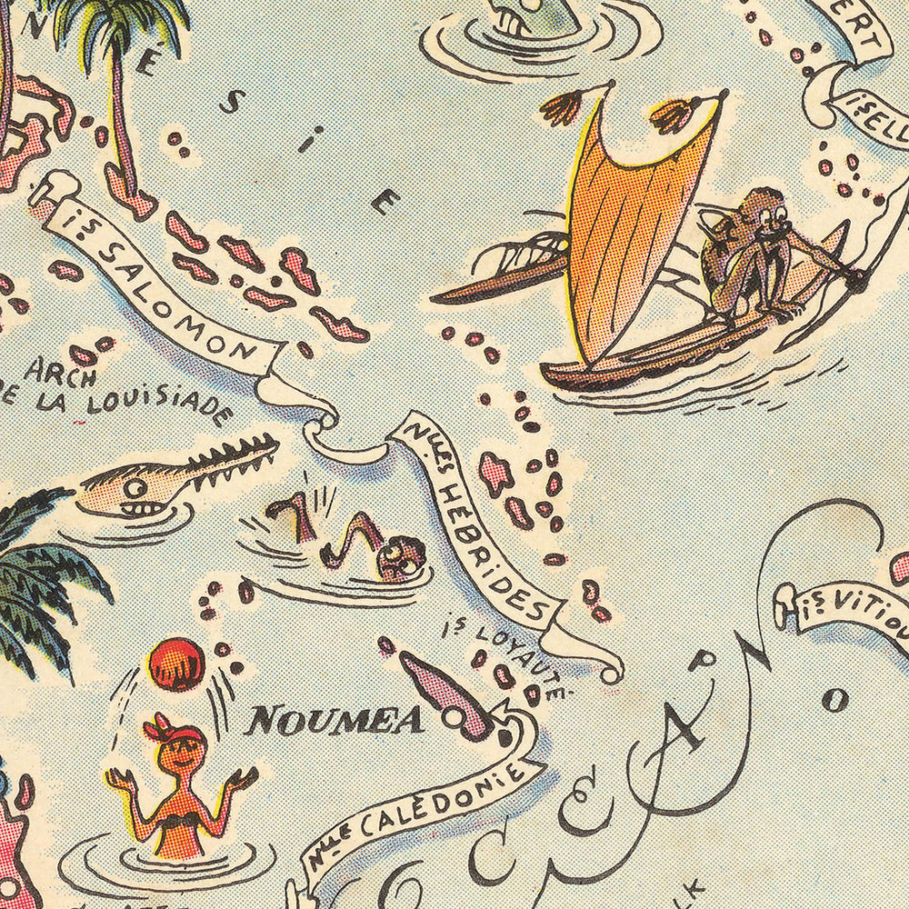 Old Pictorial Map of Australia & Oceania by Liozu, 1951: New Zealand, Fiji, Papua New Guinea, Hawaii, Pacific Islands