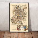 Old Pictorial Map of Auvergne by Liozu, 1951: Clermont-Ferrand, Puy de Dôme, Vichy, Mont Dore, Castles