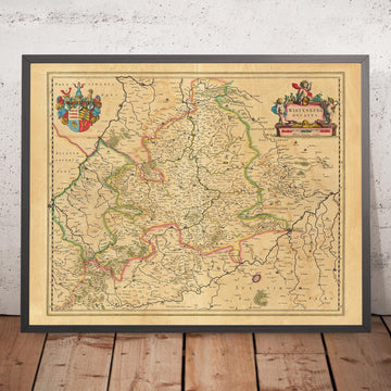 Mapa antiguo de Baden-Württemberg por Willem Blaeu, 1635: Stuttgart, Heidelberg, Mannheim, Karlsruhe y Ulm, con el río Neckar, el lago de Constanza y la Selva Negra.