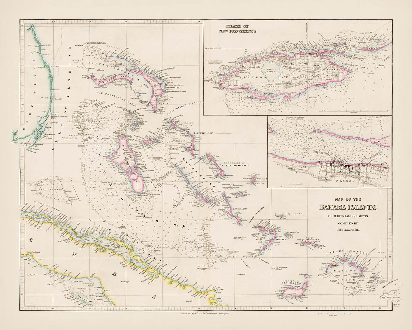 Old Map of The Bahamas by Arrowsmith, 1858: Nassau, New Providence, Channels, Banks, Coastlines