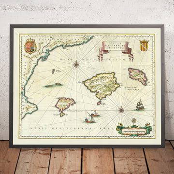 Mappa antica delle Isole Baleari, 1640: Maiorca, Minorca, Ibiza, Costa Catalana, Mostri marini 