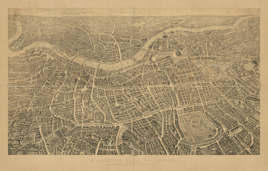 Old Pictorial Map of London by Henry Banks, 1851: "A Balloon View" of Buckingham Palace, St Paul&