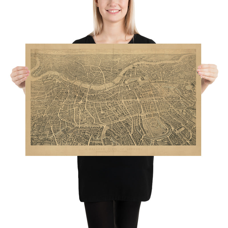 Old Pictorial Map of London by Henry Banks, 1851: "A Balloon View" of Buckingham Palace, St Paul&