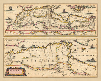 Old Map of Barbary by Visscher, 1690: Barbarians, Algiers, Tunis, Cairo, Canary Islands, Sahara Desert