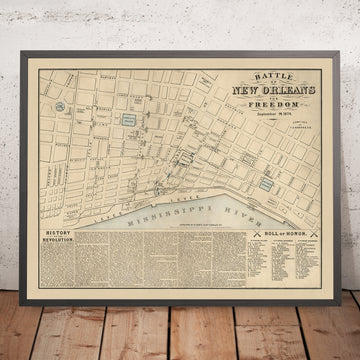 Vecchia battaglia di New Orleans, mappa del 1874: Jackson Square, Custom House, State House, Lafayette Square, fiume Mississippi 