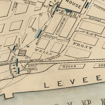 Alte Militärkarte von New Orleans von Hardee, 1874: Jackson Square, Zollhaus, State House, Lafayette Square, Mississippi River