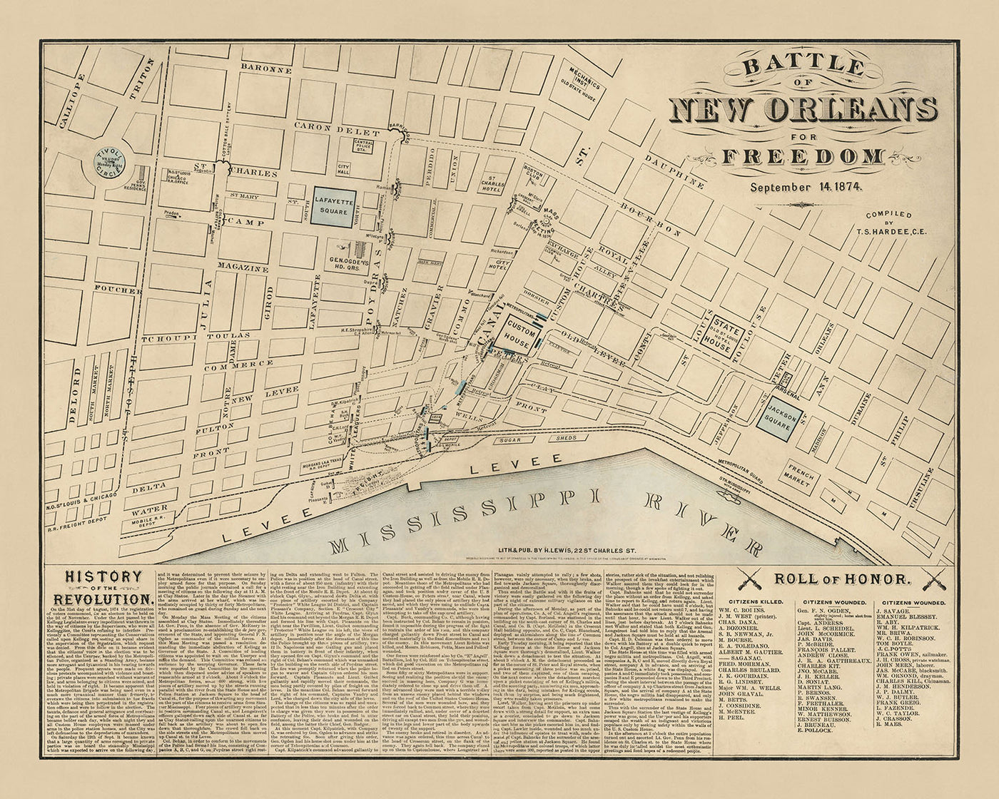 Old Battle of New Orleans, 1874 Map: Jackson Square, Custom House, State House, Lafayette Square, Mississippi River