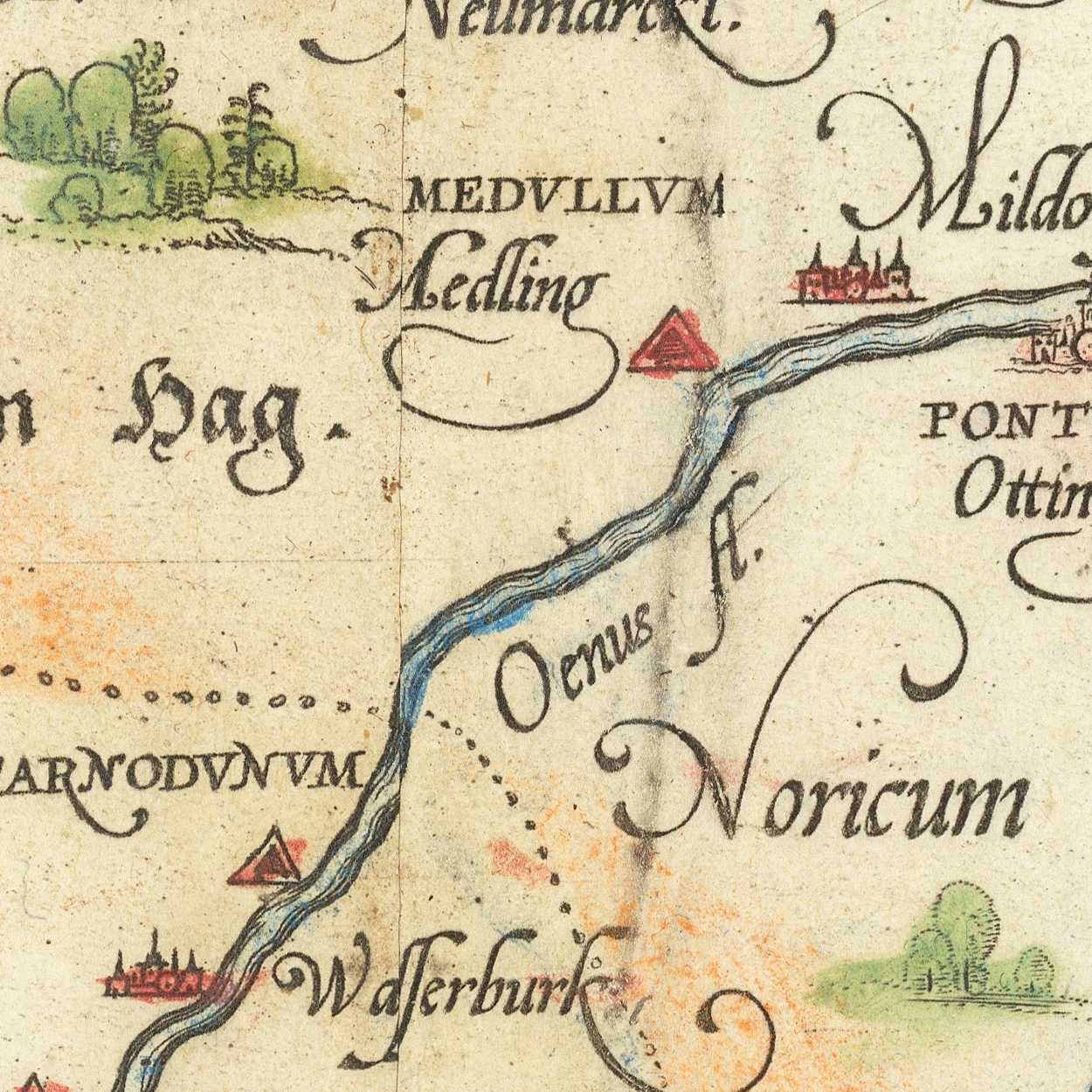 Mapa antiguo de Baviera de Ortelius, 1570: Múnich, Augsburgo, río Danubio, montañas y cartuchos