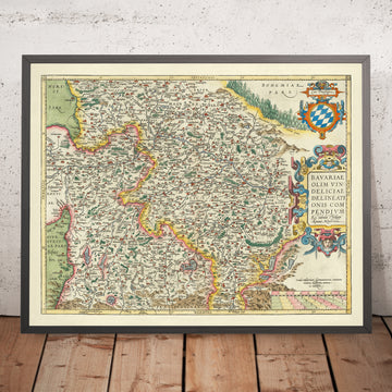 Vecchia mappa della Baviera di Ortelius, 1579: Monaco, Norimberga, fiume Danubio, Alpi tedesche 