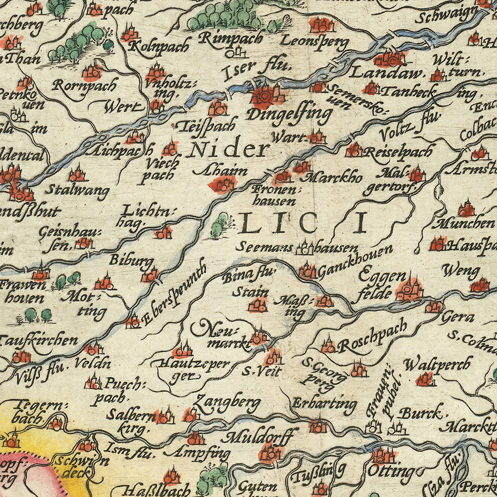 Old Map of Bavaria by Ortelius, 1579: Munich, Nuremberg, Danube River, German Alps