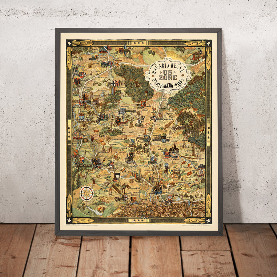 Mapa de la ocupación americana de Alemania por Desch, 1948: WW2, Múnich, Nuremberg, Stuttgart, Frankfurt, Heidelberg 