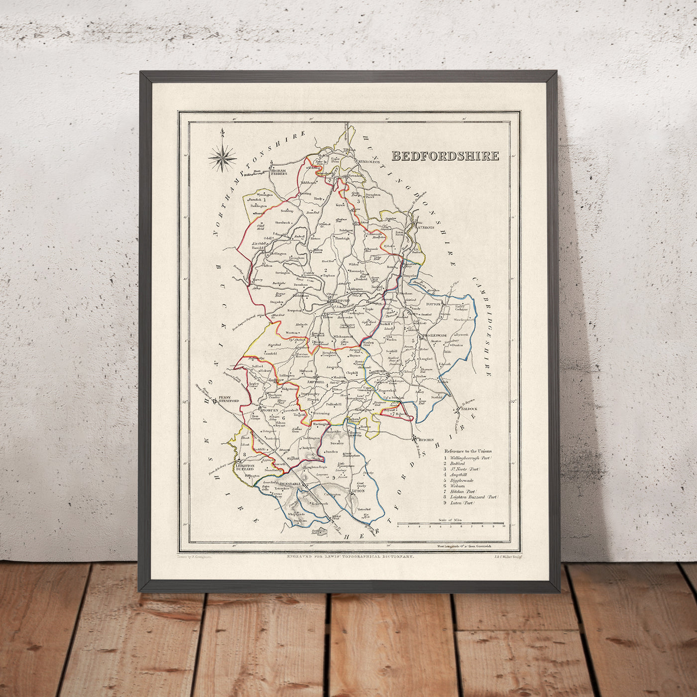Old Map of Bedfordshire by Samuel Lewis, 1844: Luton, Dunstable, Leighton Buzzard, Biggleswade, Ampthill