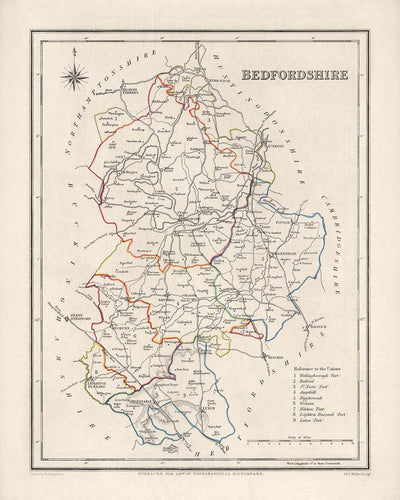Old Map of Bedfordshire by Samuel Lewis, 1844: Luton, Dunstable, Leighton Buzzard, Biggleswade, Ampthill