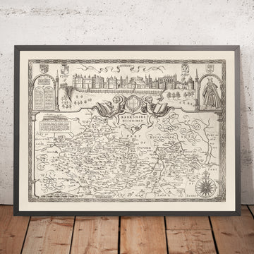 Mappa Monocromatica Antica del Berkshire 1611 di John Speed - Reading, Slough, Bracknell, Maidenhead, Henley, Eton, Castello di Windsor 