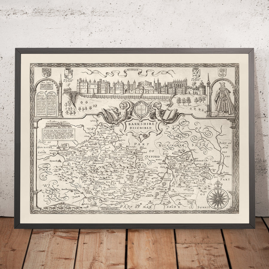 Old Monochrome Map of Berkshire 1611 by John Speed - Reading, Slough, Bracknell, Maidenhead, Henley, Eton, Windsor Castle