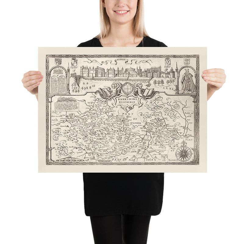 Old Monochrome Map of Berkshire 1611 by John Speed - Reading, Slough, Bracknell, Maidenhead, Henley, Eton, Windsor Castle