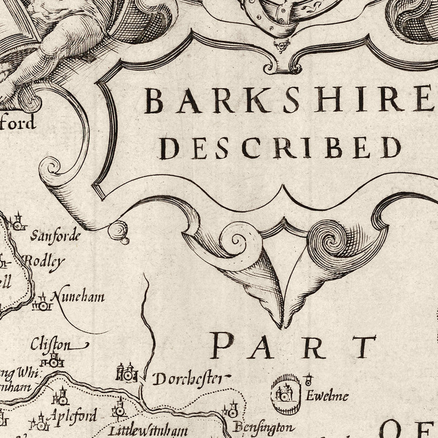 Old Monochrome Map of Berkshire 1611 by John Speed - Reading, Slough, Bracknell, Maidenhead, Henley, Eton, Windsor Castle