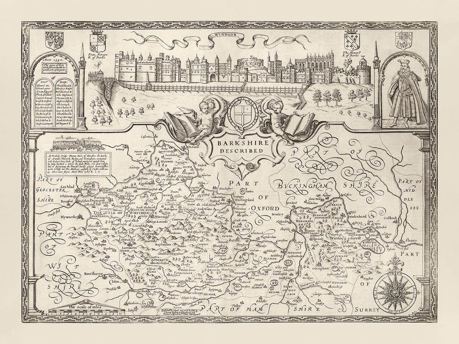 Old Monochrome Map of Berkshire 1611 by John Speed - Reading, Slough, Bracknell, Maidenhead, Henley, Eton, Windsor Castle