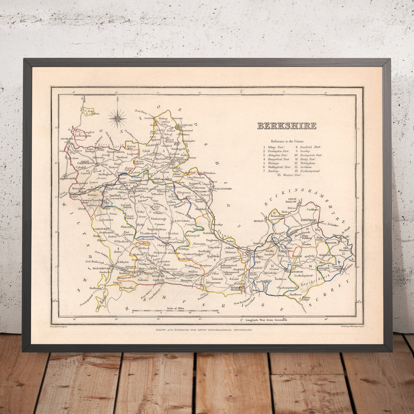 Alte Karte von Berkshire von Samuel Lewis, 1844: Reading, Windsor, Newbury, Abingdon und Henley-on-Thames