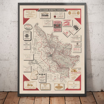 Mappa Antica della Vigna di Bordeaux nel 1948 - Garonna, Pessac, Blanquefort, Carbon-Blanc, Libourne 