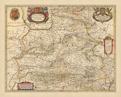 Mapa antiguo de Castilla la Vieja y Nueva, España por Visscher, 1690: Madrid, Valencia, Sevilla, Zaragoza, Murcia