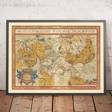 Antica mappa di Brandeburgo di Ortelius, 1598: Berlino, fiume Albis, fiume Oder, Marchia Media, design ornato 