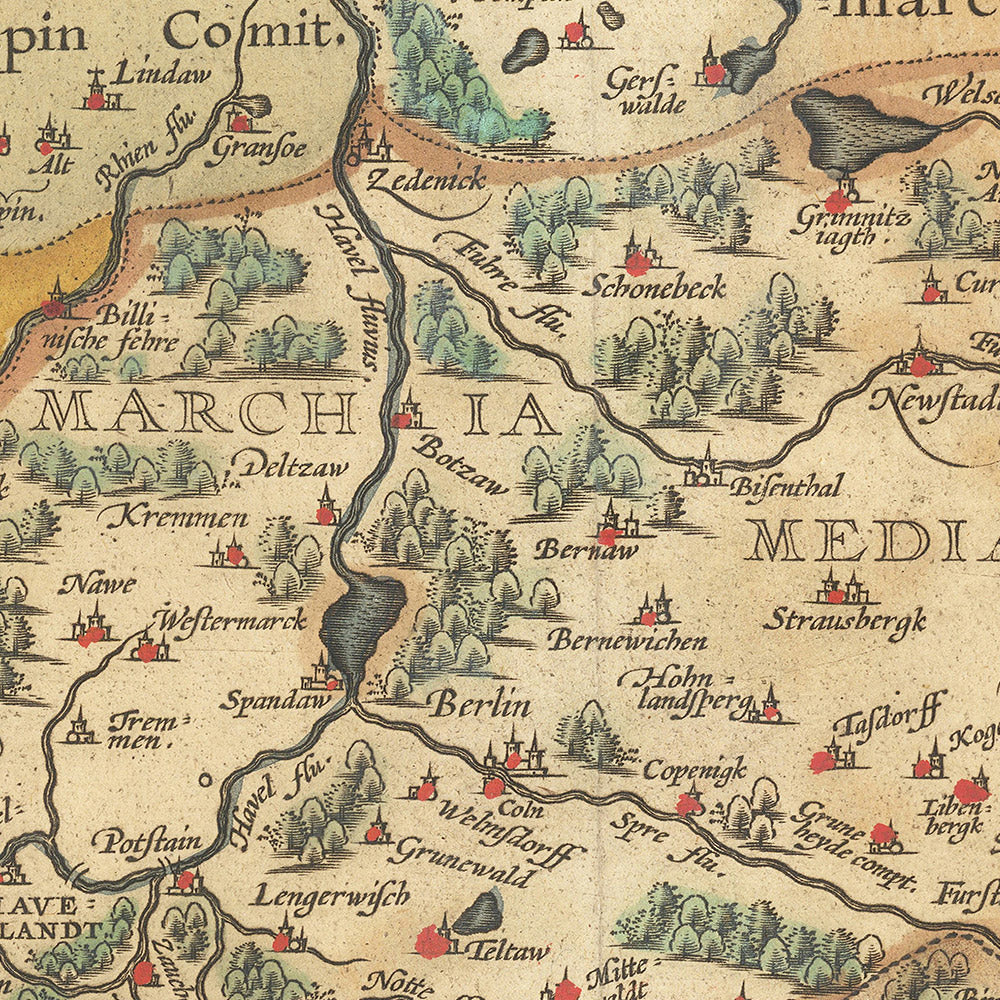 Old Map of Brandenburg by Ortelius, 1598: Berlin, Albis River, Oder River, Marchia Media, Ornate Design